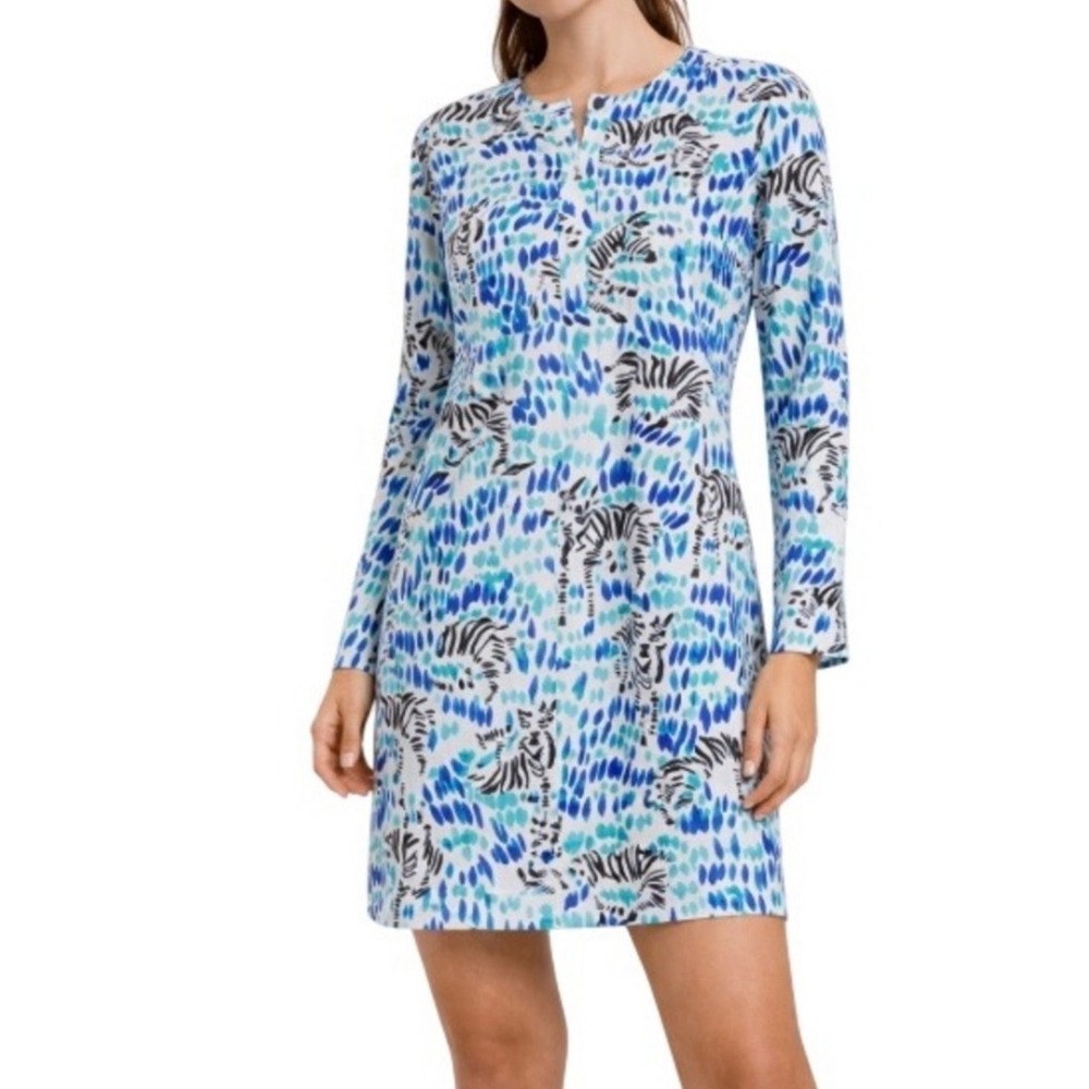 IBKUl UPF 50+ Quarter Zip Mini Dress M Zebra Print w/ Mesh Undersleeves NEW